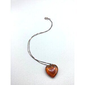Puffy Heart Amber Pendant Sterling Silver Chain & Genuine Amber Love Necklace